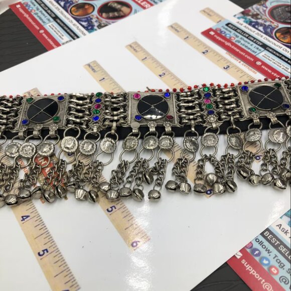 Black Stone Choker, Handmade Afghan Choker with Stones and Silver Beads, Kuchi - Picture 6 of 13